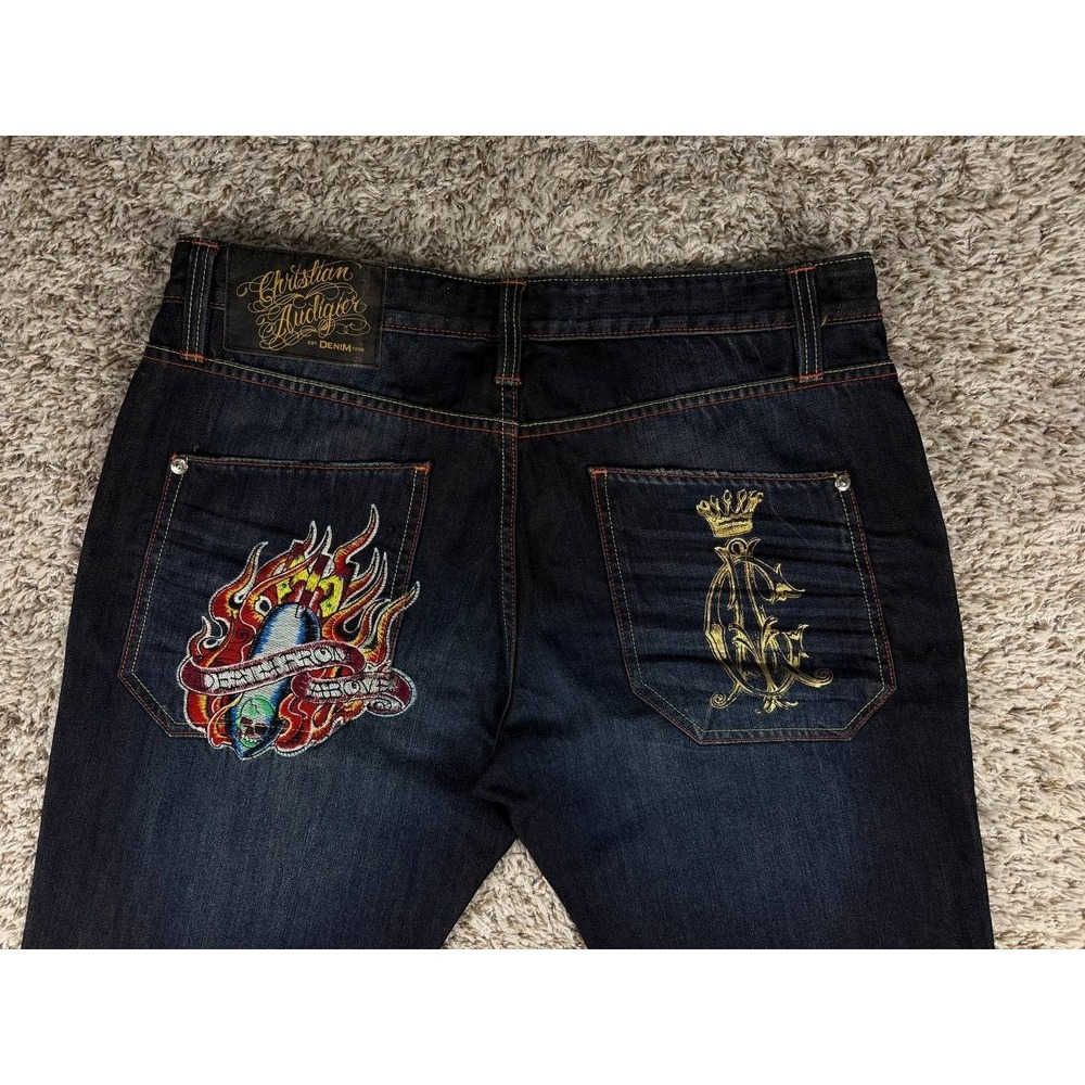 Christian Audigier Denim Death From Above Embroidered Y2K Jeans 38x34 Dark Wash